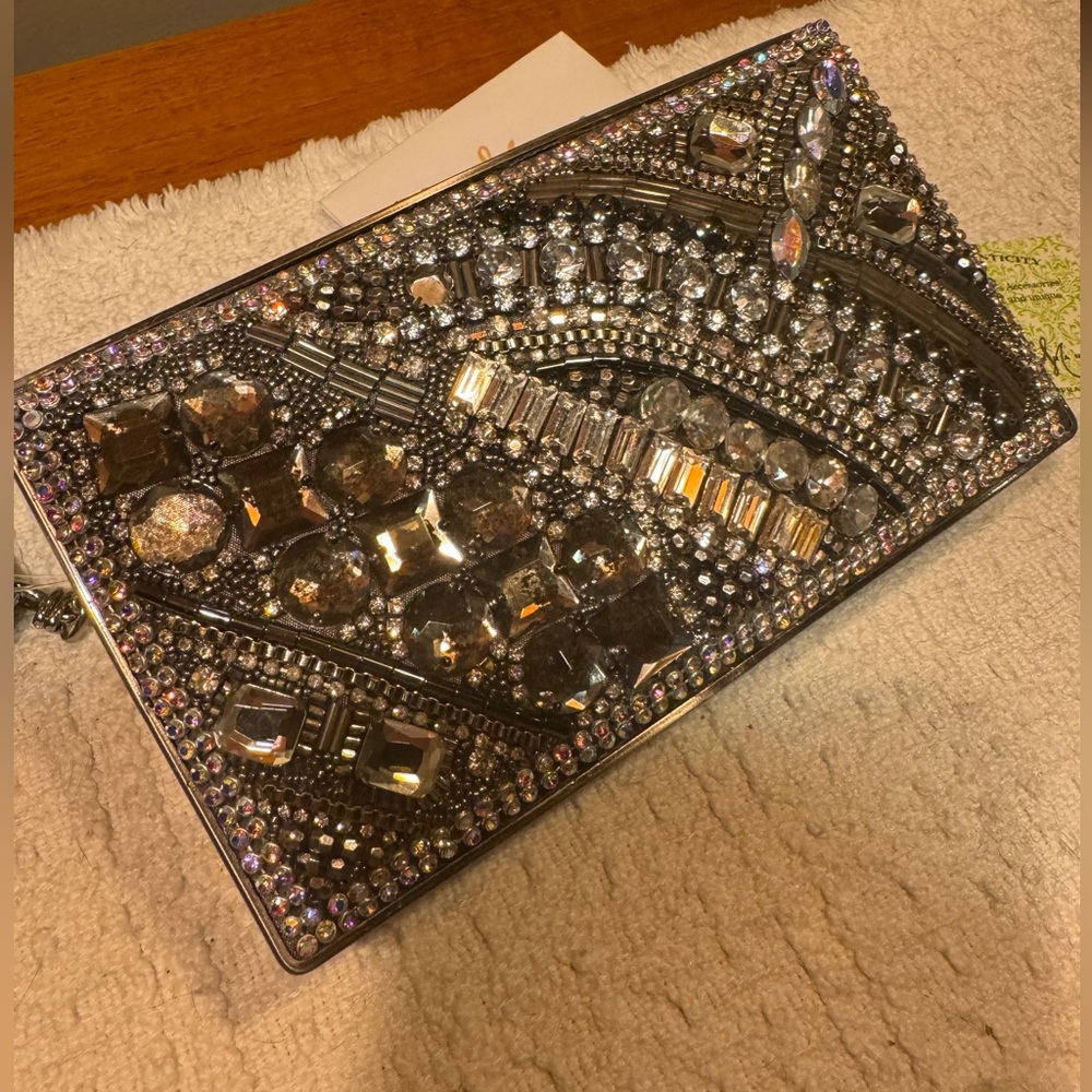 Gorgeous Mary Frances Moviestar Rhinestone embellished beaded silver snakeskin